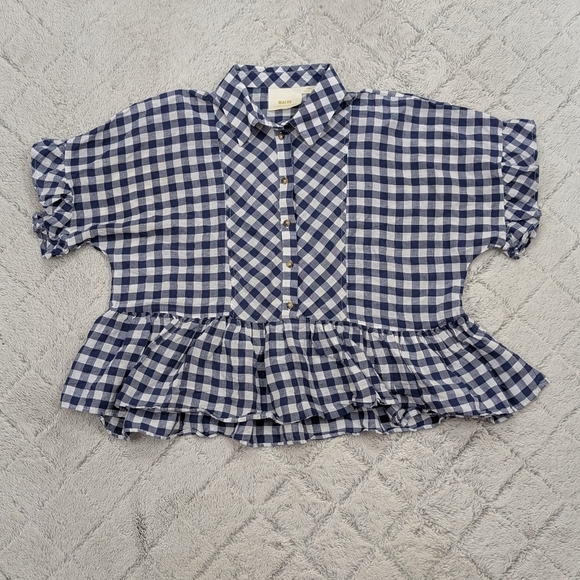 Anthropologie Maeve Shirt Womens XS Blue White Gingham Blouse Flounced Linen - Picture 1 of 8